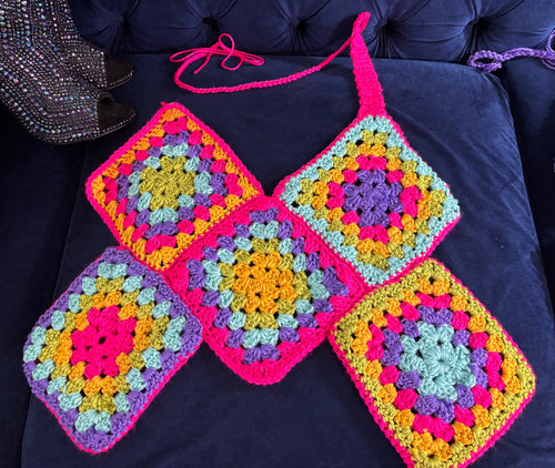 Bright! Crochet Granny Square Halter Top w/Ties in Back- Size M